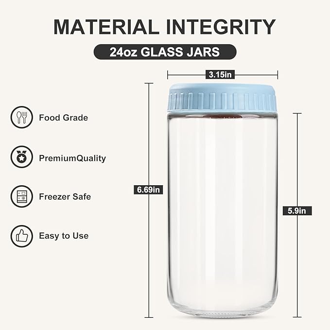 Overnight Oats Containers with Lids, 24oz Glass Jars with Lids 8 pcs, Light Blue, Wide Mouth Mason jars for Salad, Yogurt, Snacks, Meal Prep