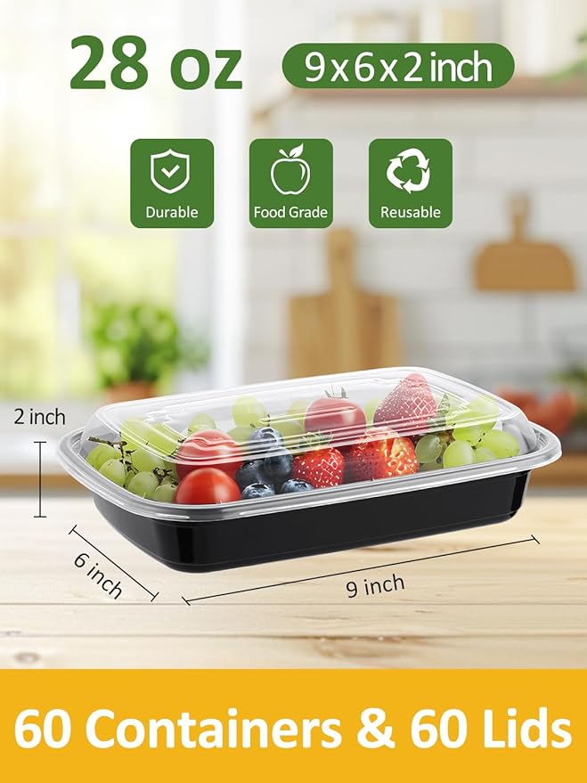 60 Sets 28oz Meal Prep Container - Reusable Plastic Food Storage Containers with Lids, Fits Microwave, Freezer and Dishwasher Safe