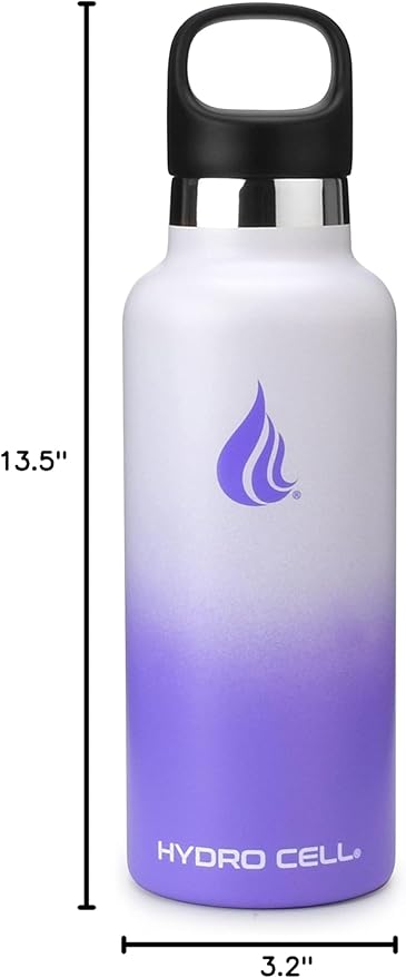 HYDRO CELL Stainless Steel Water Bottle with Straw & 2 Standard Mouth Lids (32oz 24oz 20oz 16oz) Keeps Liquids Hot or Cold w/Double Wall Vacuum Insulated Leak Proof Sport Design (Lavender/White 20oz)