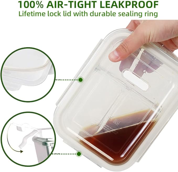 DAS TRUST 3 Pack Bento Box Glass Meal Prep Containers - 3 Compartment Glass Food Storage Containers with Lids - Lunch Box Meal Prep Bowls - Oven Safe