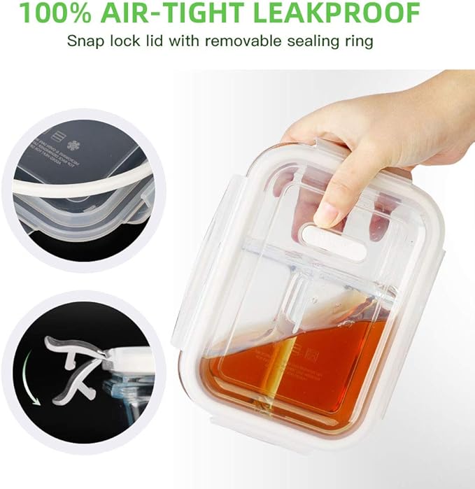 DAS TRUST 3 Pack 36oz Bento Box Glass Meal Prep Containers with 3 Compartments, Glass Food Storage Containers with Lids, Meal Prep Bowls, Lunch Box, Oven & Microwave Safe