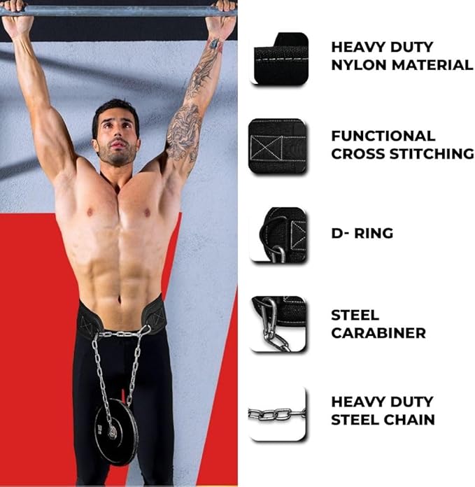 Dip Belt with Chain – Weighted Pull Up Belt, Dip Weight Belt, Weightlifting Belt for Pullups, Squats, and Dips, Belt Squat Attachment Ideal Weight Belt for Pullups, Weightlifting, and Gym Workouts (Black)
