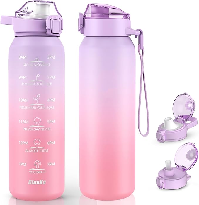 316 Stainless Steel Insulated Water Bottle 32oz with Handle, 1L Double Wall Insulated Bottle with Time Marker BPA Free, 1000ml Metal Water Flask for Outdoor Working School PURPLE PINK