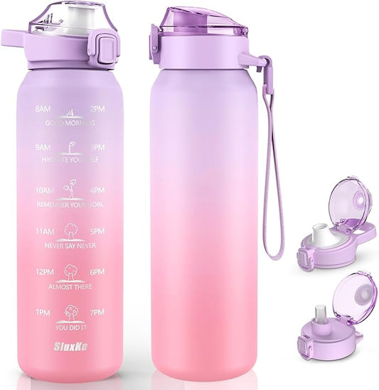 316 Stainless Steel Insulated Water Bottle 32oz with Handle, 1L Double Wall Insulated Bottle with Time Marker BPA Free, 1000ml Metal Water Flask for Outdoor Working School PURPLE PINK