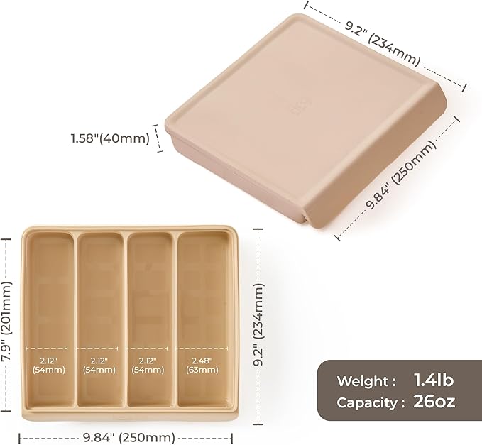 Silicone Food Storage Containers with Airtight Lids, 26.4oz Dual-Seal Leakproof Silicone Freezer Molds for Baby Food, Snacks, Cutlery & More - BPA Free, Stackable, Microwave, & Dishwasher Safe, Brown