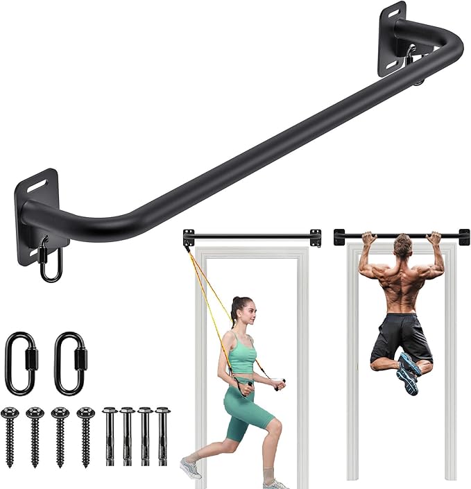 Pull Up Bar Wall Mount 440 LBS Capacity Doorway Chin Up Bar Multifunctional Steel Chinup Bar with with Resistance Band Hooks for Indoor Home Gym Garage