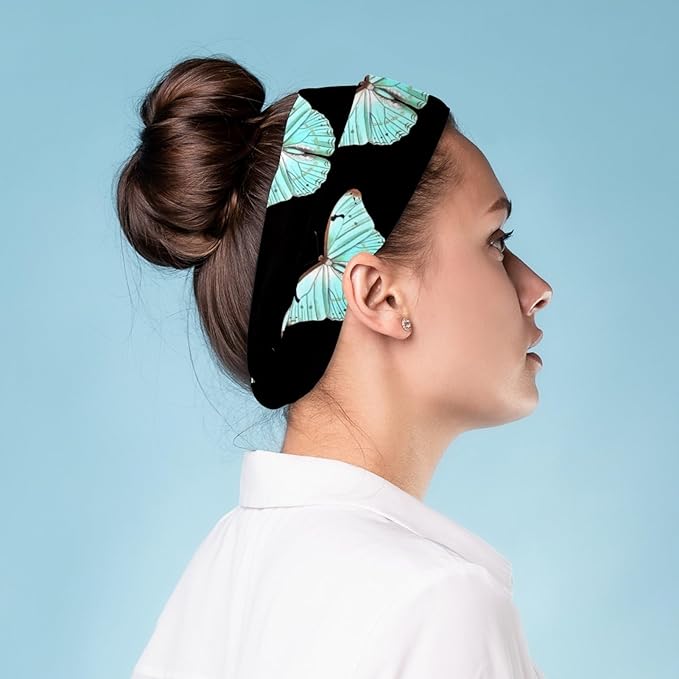 Wide Headbands for Women, Butterfly on Black Background Hairband for Women Non Slip Sports Head Bands for Women's Hair