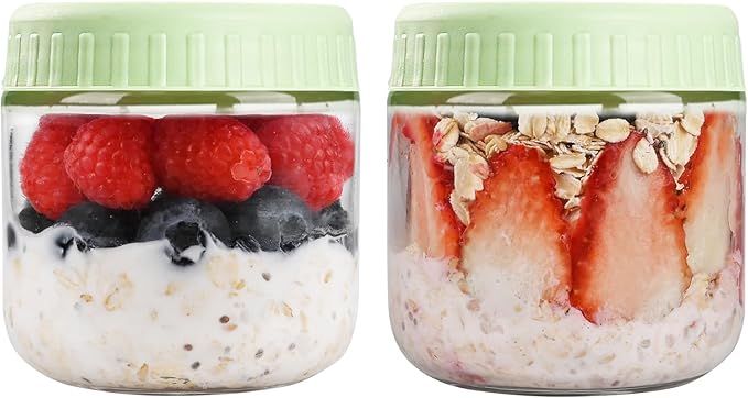 Overnight Oats Containers with Lids, 10oz Glass Jars with Lids 2 pcs, Light Green, Wide Mouth Mason jars for Salad, Yogurt, Snacks, Meal Prep