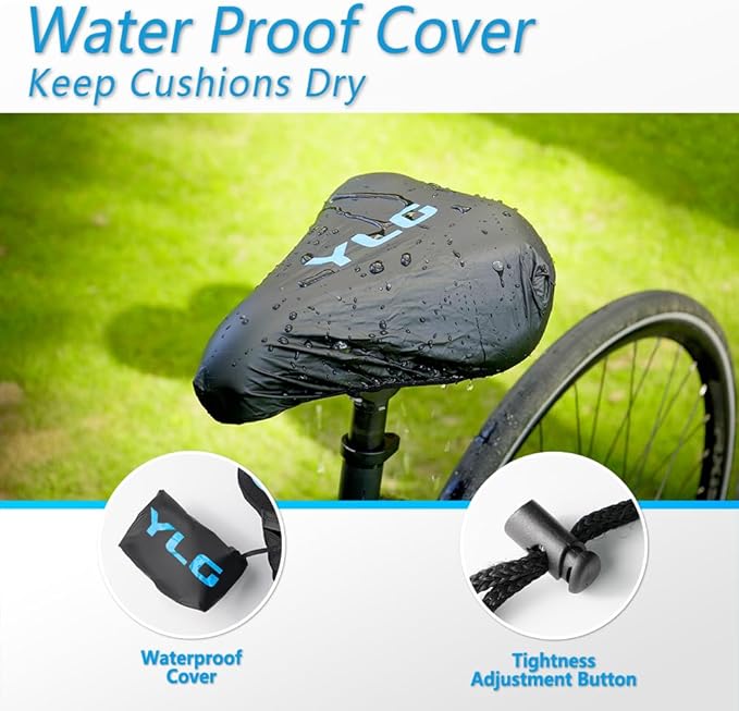 YLG Bike Seat Cover, Memory Foam & Gel Bike Seat Cushion Cover for Men Women, Comfortable Bicycle Seat Cover for Peloton/Fixed/Cruiser/Indoor/Outdoor Bike seat with Waterproof Cover