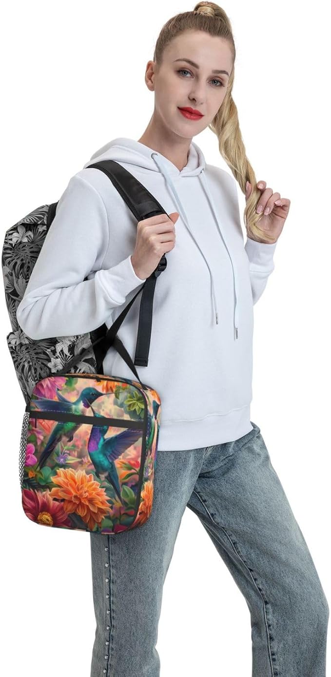 Insulated Lunch Box for Women Men, Hummingbird Floral Lunch Box Reusable Portable Lunch Bag Cooler Tote Waterproof Lunch Container for Office Picnic Work Travel Hiking,Hummingbird