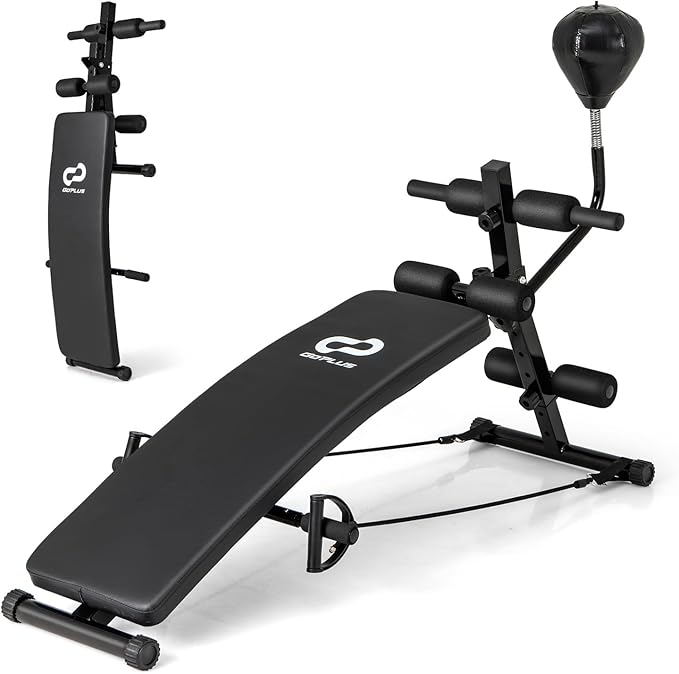 Goplus Adjustable Decline Sit Up Bench for Exercise, Foldable Curved Slant Bench with Speed Ball, Pump & 2 Resistance Bands, Heavy Duty Metal Frame, Full Body Ab Workout Equipment for Home Gym, Black
