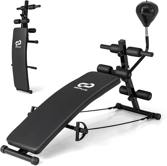 Goplus Adjustable Decline Sit Up Bench for Exercise, Foldable Curved Slant Bench with Speed Ball, Pump & 2 Resistance Bands, Heavy Duty Metal Frame, Full Body Ab Workout Equipment for Home Gym, Black