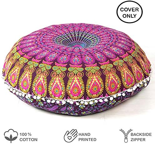 Eyes of India - Mandala Floor Pillow Cover Meditation Cushion Seating Throw Hippie Round Colorful Decorative Bohemian Indian Pouf Ottoman Handmade Cover ONLY (A1 Purple 2, 32" x 32")