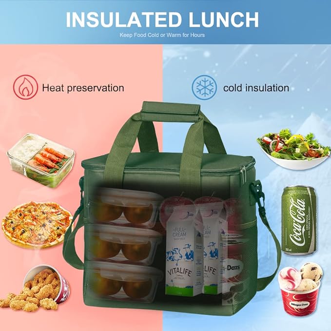 iknoe Large Cooler Bag Collapsible, 15L Insulated Bags, Leakproof Lunch Cooler Tote with Multi-Pockets for Adult, Insulated Lunch Box for Beach, Picnic,Work, Military Green 24-Can (15L)