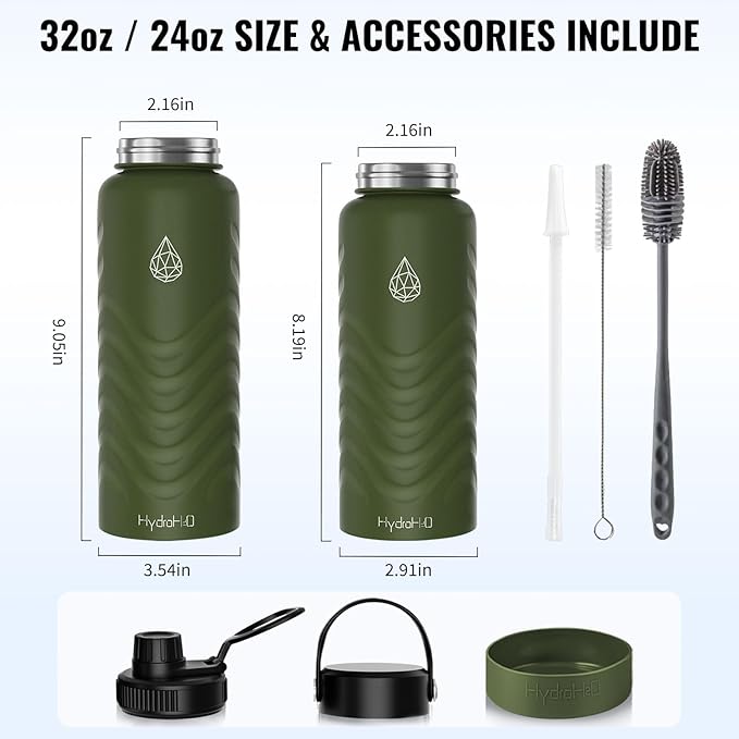24oz Stainless Steel Insulated Water Bottle, 48H Ice Cold & 24H Hot, Leak-Proof Wide Mouth Lids (Straw & Spout), BPA-Free Bottles, Mens Water Bottle for Gym, Hiking, Travel - Green