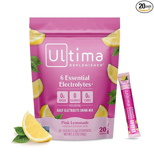 Ultima Replenisher Daily Electrolyte Powder Drink Mix – Sugar Free – Pink Lemonade, 20 Stickpacks – Hydration Packets with 6 Electrolytes and Trace Minerals – Keto Friendly, Vegan, Non-GMO
