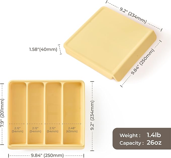 Silicone Food Storage Containers with Airtight Lids, 26.4oz Dual-Seal Leakproof Silicone Freezer Molds for Baby Food, Snacks, Cutlery & More - BPA Free, Stackable, Microwave, & Dishwasher Safe, Yellow