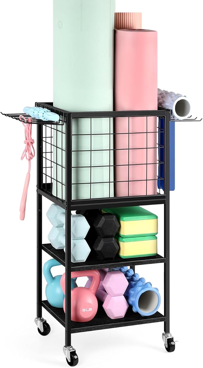 Weight Rack for Home Gym Dumbbells Yoga Mat Storage Rack Cart Small Metal Wood Home Gym Workout Equipment Storage with Hooks for Yoga Block Foam Rollers Resistance Bands