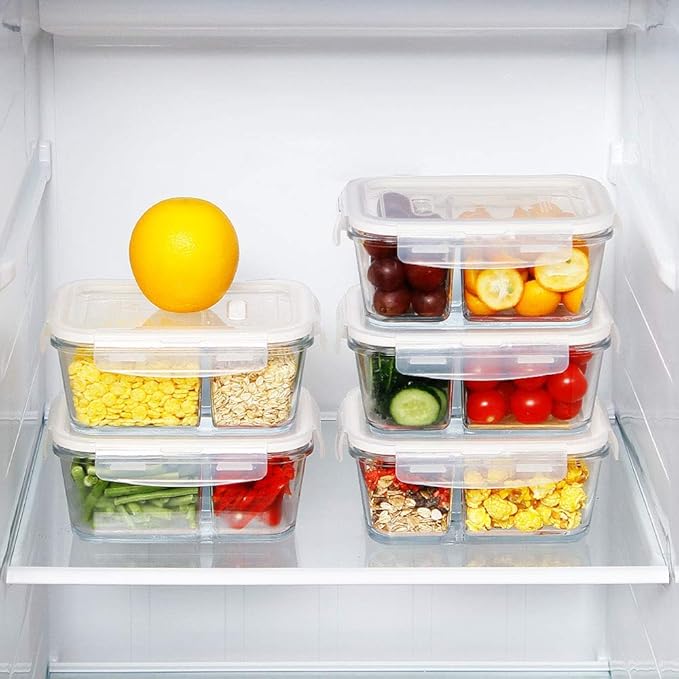 DAS TRUST 3 Pack Glass Food Storage Containers 2 Compartments Glass Meal Prep Containers with Lids Lunch Containers for Adult Food Prep Container with Dividers Reusable Lunch Bento Box