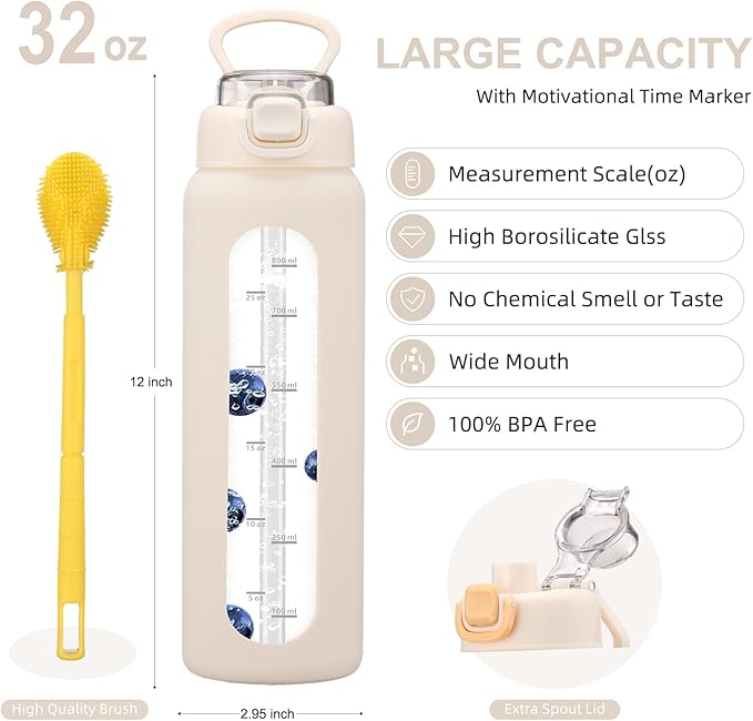 32 oz Glass Water Bottles with 2 Lids-Handle Spout Lid & Straw Lid, 1 Liter Motivational Borosilicate Water Bottle with Time Marker and Silicone Sleeve,Leakproof-White-1 Pack