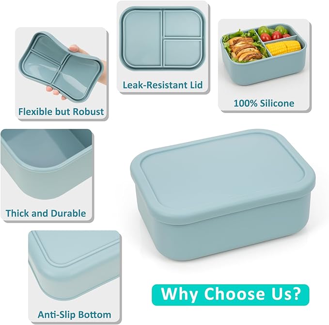 100% Silicone Bento Box Adult with 3 Compartments, 48oz, Reusable Divided Lunch Box Meal Prep Containers for Entree and Side Food Snack Storage, BPA-Free Plastic-Free, Microwave Dishwasher safe, Green