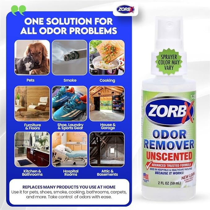 ZORBX Unscented Odor Eliminator for Strong Odor 2 Fl Oz, Pack of 1 - Used in Hospitals & Healthcare Facilities - Advanced Formula, Fast-Acting Odor Remover Spray for Dog, Cat, House & Carpet