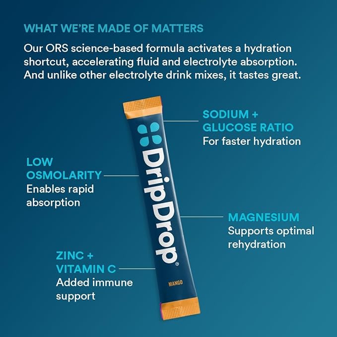 DripDrop Hydration Packets - Tropical Variety Pack - Single Serve Electrolytes Powder Drink Mix - Mango, Açaí, Passion Fruit, Piña Colada - Non-GMO, Gluten Free, Vegan - 16 Sticks