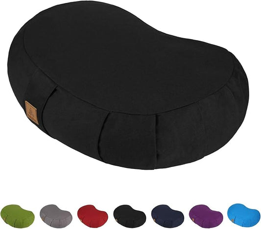 Crescent Zafu Meditation Pillow, D=17" W=11" H=5.5" Zabuton Yoga Bolster, Meditation Cushion, Floor Pouf Yoga Pillow Zippered Organic Cotton Cover Natural Buckwheat kneeling pillow - Large