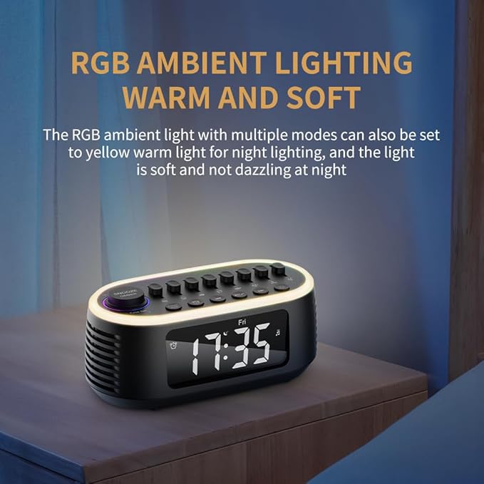 White Noise Machine Bluetooth Speaker, Digital Alarm Clock Sleep Timer with LED Display RGB Night Light, Soothing Natural Sleeping Sound Machine for Baby, Kids, Adults, Bedrooms (Black)