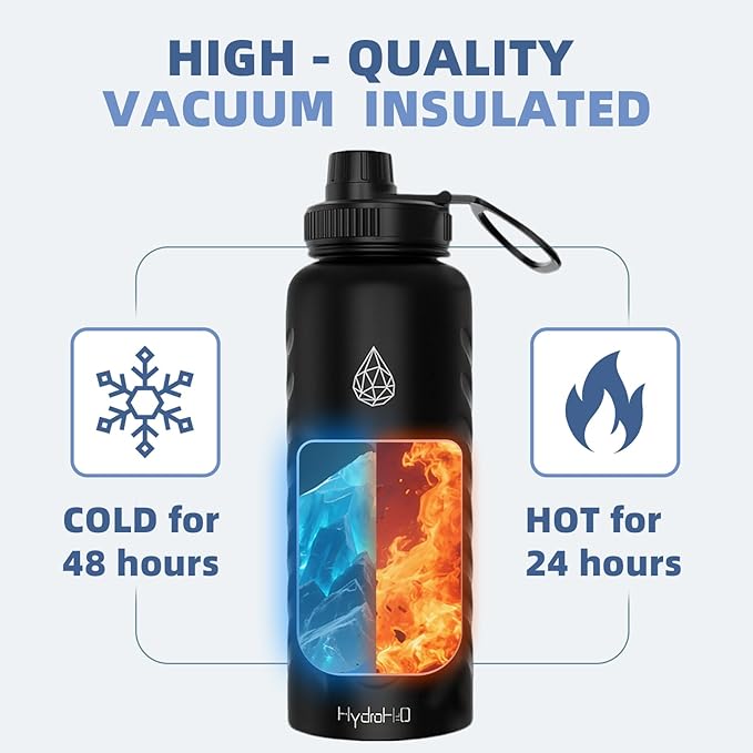 24oz Stainless Steel Insulated Water Bottle, 48H Cold & 24H Hot, Leak-Proof Wide Mouth Lids (Straw & Spout), BPA-Free Bottles, Mens Water Bottle for Gym, Hiking, Travel - Black