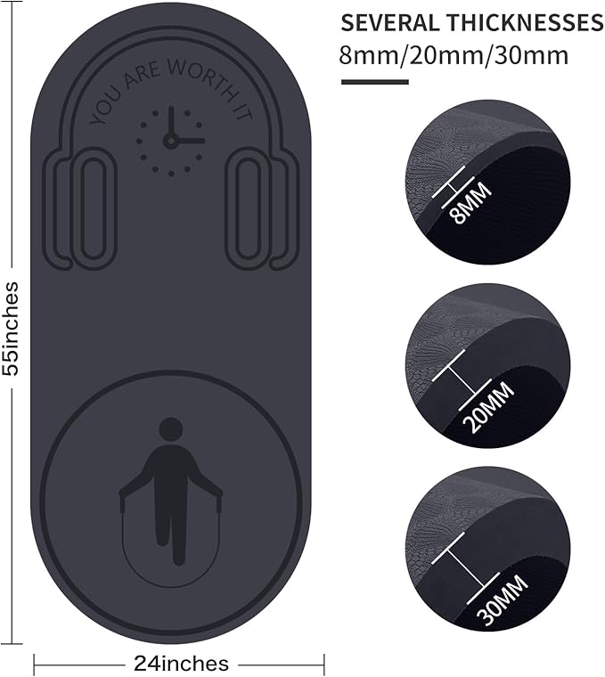 8/20/30mm Jump Rope Mat Fitness Exercise Mat Durable, Non-Slip, Workout Mats with Jump Rope & Carrying Bag for Home Gym Flooring (55"x 24")