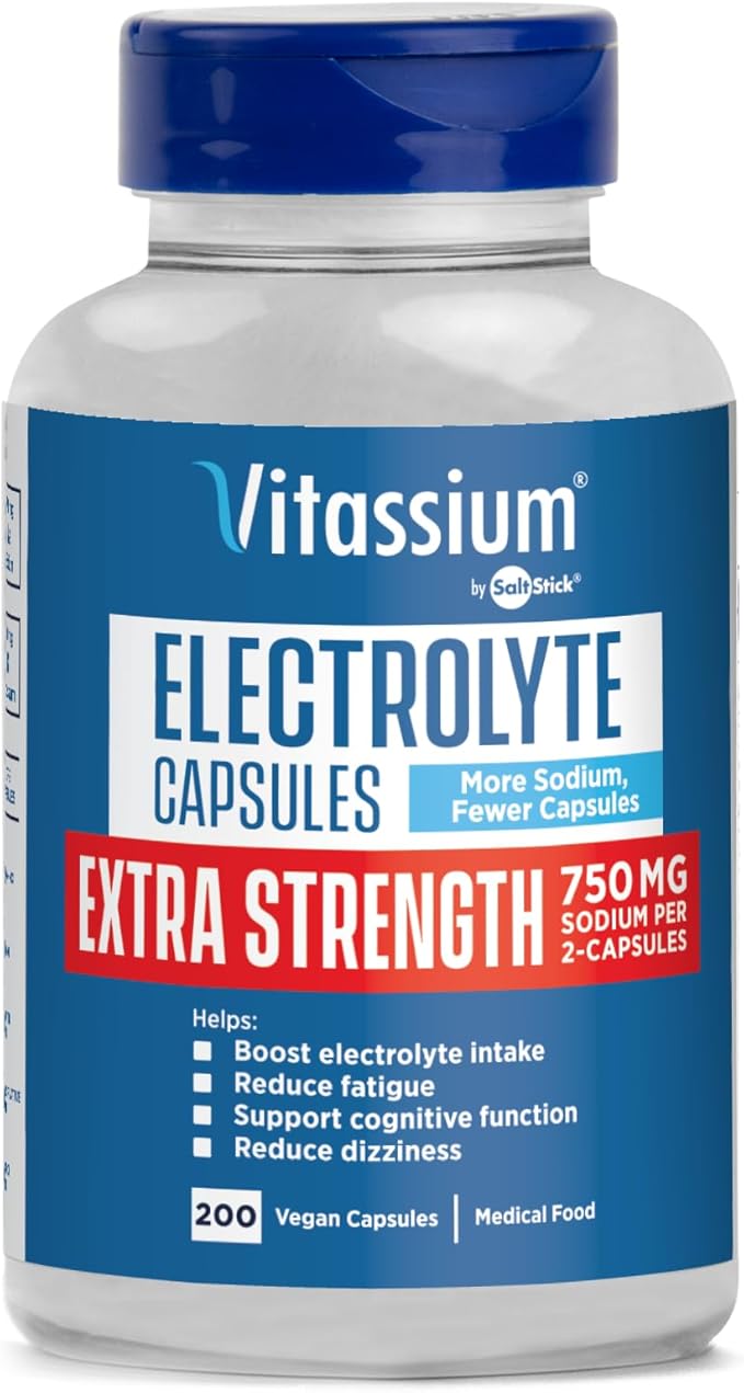 Vitassium Extra Strength Electrolyte Capsules - 750mg of Sodium for The Management of POTS and High Sodium Diets, Unflavored - 200 Salt Pills (Size 00)