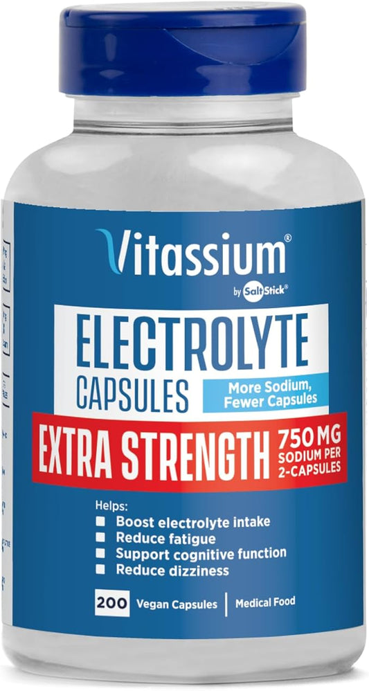 Vitassium Extra Strength Electrolyte Capsules - 750mg of Sodium for The Management of POTS and High Sodium Diets, Unflavored - 200 Salt Pills (Size 00)