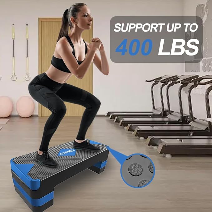 EVERYMILE Aerobic Exercise Step, Adjustable Aerobic Stepper for Exercise, Workout Step Platform, Step Up Box, 26.5" Step Deck with 4” 6” 8” Adjustable Height Risers, Women Home Gym Fitness