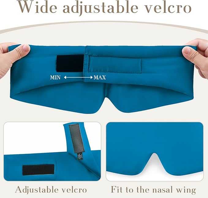 100% Mulberry Silk Sleep Mask Eye Mask for Women Man with Adjustable Band, for Side Sleeper Blackout Sleep Mask for Travel Rest and Office Large Size (Blue)