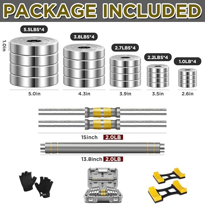 PHOEROS Adjustable Dumbbell Set - 44/66/88 LBS weights set, Dumbbell Barbell 3 in 1, Steel Dumbbells Pair with Connecting Rod for Adults Women Men Fitness Workout, Home Gym Exercise Training Equipment