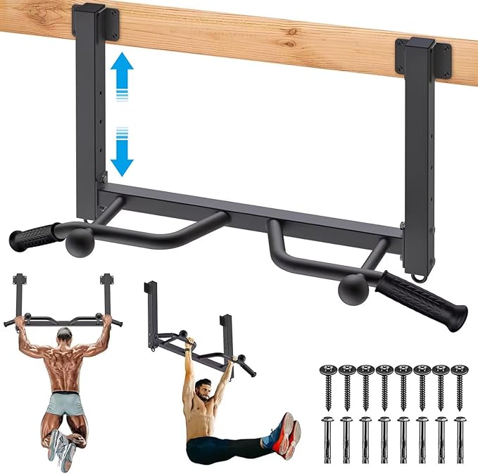 Kipika 32" Ceiling Mounted Pull Up Bar - Heavy Duty, Highly Adjustable, Multifunctional Chin Up Bar - Home Gym System with Punching Bag Hanger and Resistance Bands Training