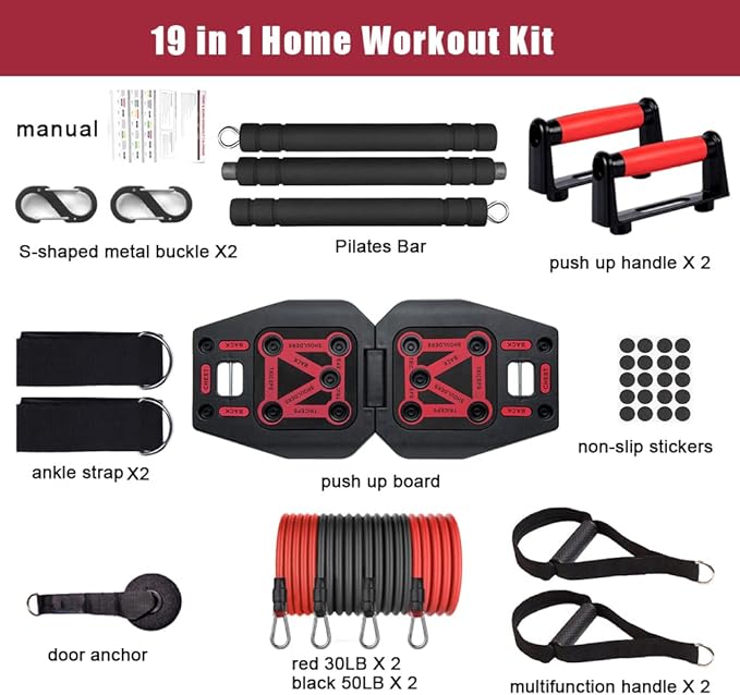 Home Gym Exercise Equipment - Portable Workout System 17 Fitness Accessories 9 in1 Push Up Board Set, Resistance Bands with Pilates Bar Strength Training Abs Shoulders