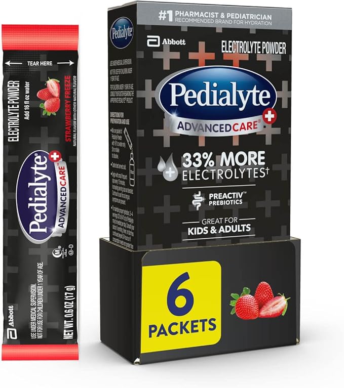 Pedialyte AdvancedCare Plus Electrolyte Powder, Has 33% More Electrolytes and PreActiv Prebiotics, Strawberry Freeze, 6 Powder Packets