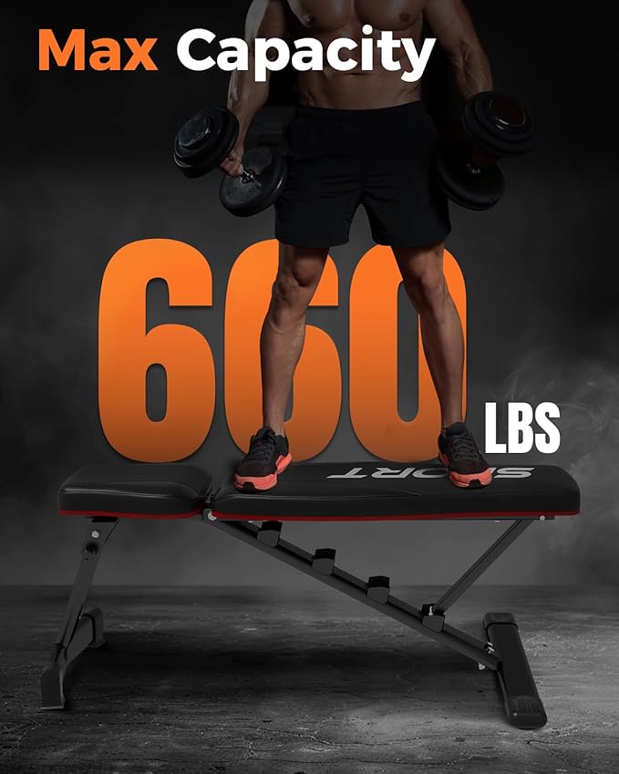 Adjustable Weight Bench for Home Gym, Foldable Workout Bench with 5 Backrests, 660LBS Stable Incline Decline Bench for Full Body Workout, 2 Sec Fast Folding Strength Training Sit Up Bench