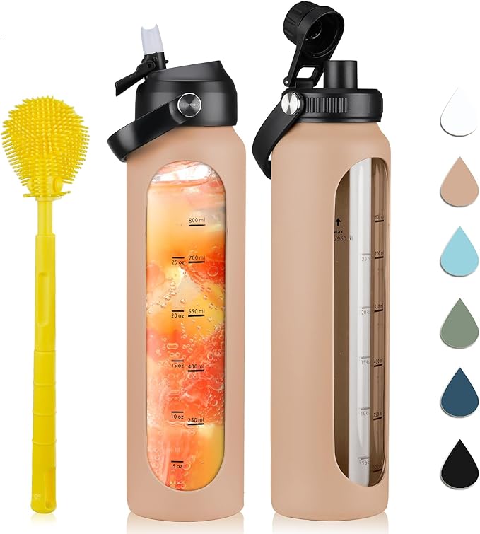 32 oz Glass Water Bottles with 2 Lids-Handle Spout Lid & Straw Lid 1 Liter Motivational Borosilicate Water Bottle with Silicone Sleeve and Time Marker,Leakproof