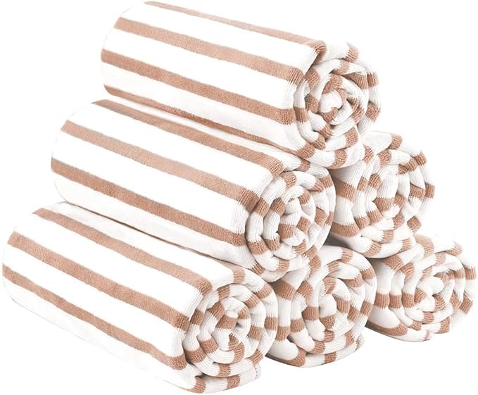 JML Beach Towels, Microfiber Bath Towel Set, Absorbent and Quick Dry for Adults, Travel, Summer, Sport, Swimming, Pool, Yoga, Camping, 6 Pack, 30" x 60", Cabana Stripe Coffee and White