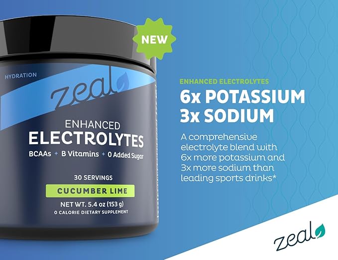 Zeal Electrolyte Powder Recovery Drink (30 Servings | Cucumber Lime) w 0 Sugar +BCAAs +B-Vitamins Electrolyte Supplement w Potassium Zinc & Magnesium for Hydration - Keto Electrolytes