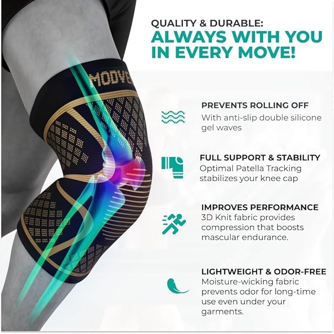 Modvel Compression Knee Brace for Women & Men - For Knee Pain, Compression Sleeve Knee Support for Meniscus Tear ACL & Arthritis Pain Relief Knee & Protection for Working Out, Running & All Sports