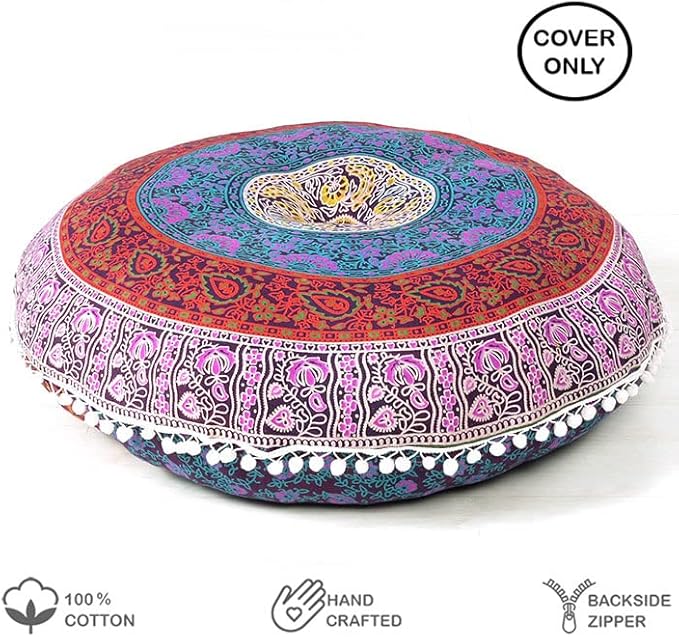 Eyes of India - 32" Pink Blue Green Floor Pillow Meditation Cushion Seating Throw Mandala Cover Hippie Round Colorful Decorative Bohemian Accent Boho Chic Dog Bed Indian Handmade Cover ONLY