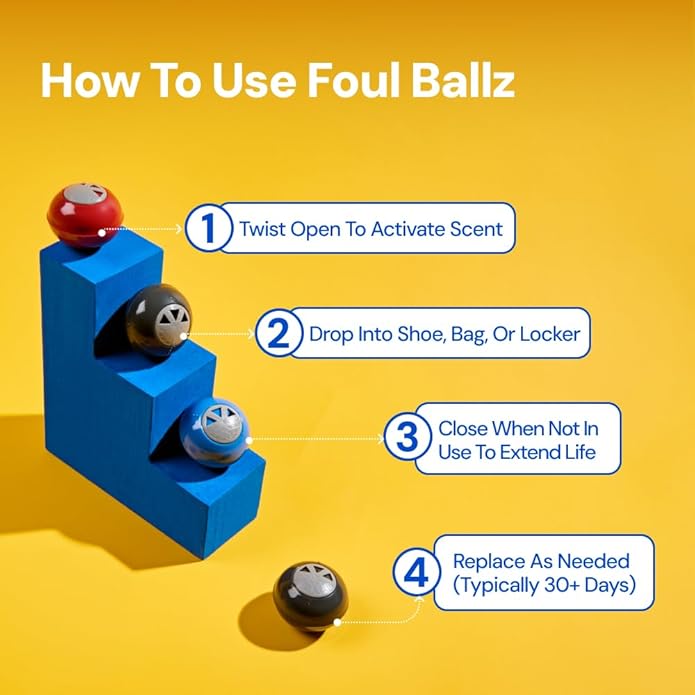 Foul Ballz Shoe Deodorizer Balls – 6 Pack – Eliminate Smelly Shoes Fast – Strong Sneaker Odor Fighter – Long-Lasting Shoe Freshener Inserts for Gym Bags, Lockers, Closets & Sports Gear
