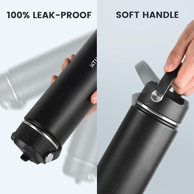 24oz Insulated Travel Water Bottle - Stainless Steel, Leakproof - Keep Hot for 12hrs & Cold for 30hrs - for Outdoors, Sports, Bike, Gym, Marathon - Gift for Women, Men (Black)