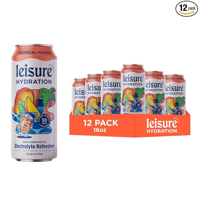 Leisure Hydration Non-Carbonated Electrolyte Refresher, Tropical Mango Flavor - Low Sugar Nutrient Enhanced Water Beverage - Get The Best Hydration Packed w/ Magnesium & Ashwagandha For Mood & Stress Support, Non-GMO, 16 oz (12-Cans)