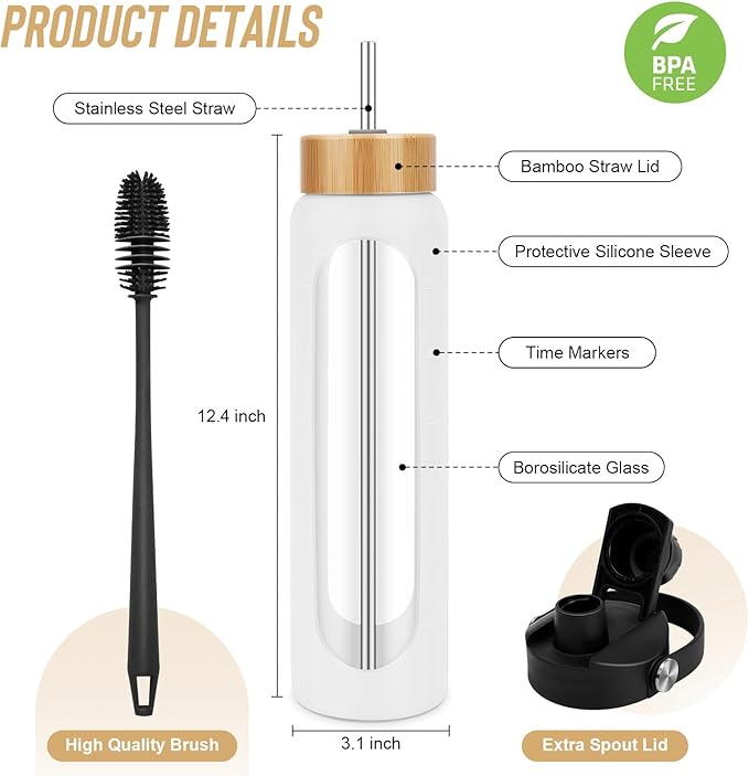 32 oz Glass Water Bottles - 1 Liter Motivational Tumbler Water Bottle Time Marker - Borosilicate Glass Water Bottle With Silicone Sleeve and 2 Lids, Handle Spout & Bamboo Straw Lid