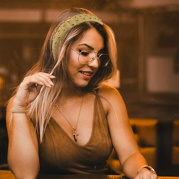 Madison Tyler Headbands for Women | Fashion Boho Headbands Top Knotted With Rhinestones Elastic Workout Hairbands | Outdoor and Party Headbands for Women Non Slip (linen color with rhinestones)